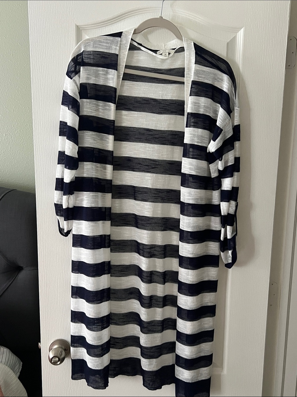 Open-Front Striped Long Cardigan - Blue & White